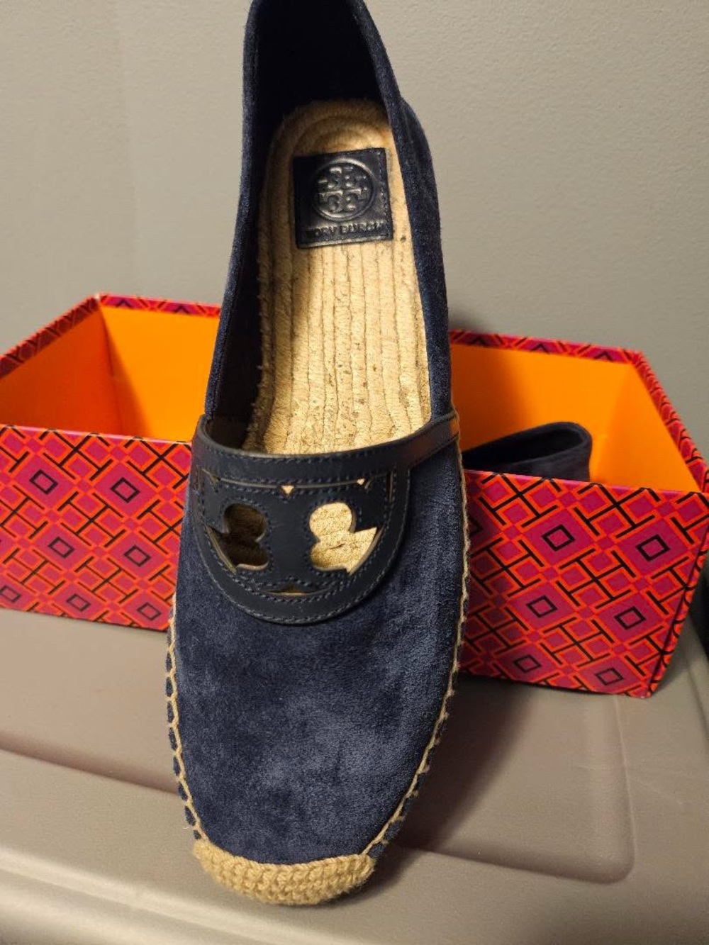 Tory Burch Navy Suede Espadrille Loafers with Logo Cutout
